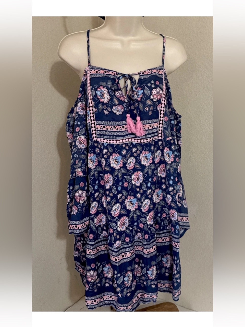 Rusttydustty Boho Floral Tassel Dress- Spaghetti Straps Size Large